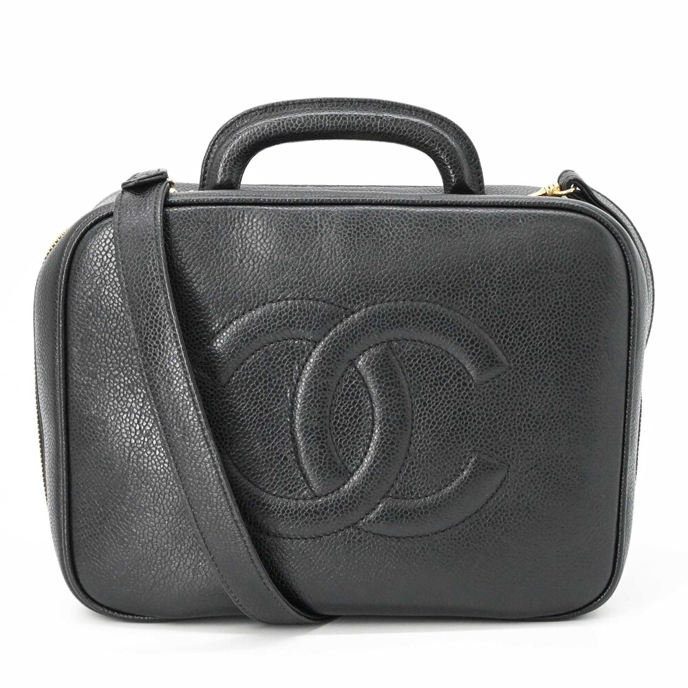 CHANEL Black Caviar Leather Logo Vanity Bag